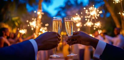 Two people toasting with sparklers at a wedding photo