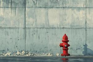 A red fire hydrant next to a concrete wall photo