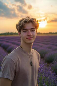 A man standing in a field of lavender flowers photo