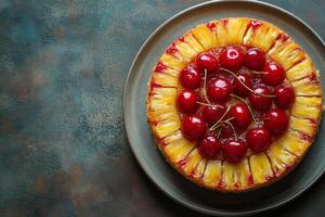 A pineapple upside down cake with cherries on top photo