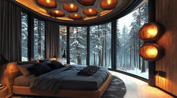 A bedroom with a circular bed and a view of the forest photo