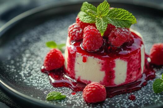 A dessert with raspberry sauce and mint leaves photo