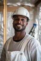 A smiling black man in a hard hat photo