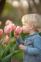 A young boy smelling pink tulips photo
