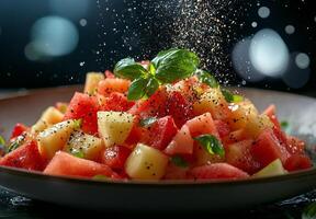A bowl of watermelon and peppermint salad with a sprinkle of salt photo