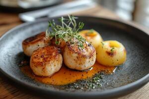 A plate with two scallops and potatoes on it photo