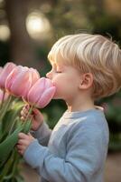 A young boy smelling pink tulips photo