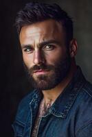 A man with a beard and denim jacket photo