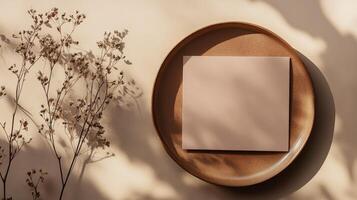 A brown plate with a blank piece of paper on it photo