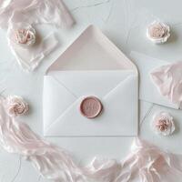 An envelope with pink flowers and a wax seal photo
