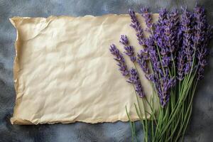 Lavender flowers on old paper with copy space photo