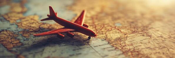 A red airplane is sitting on top of a map photo