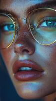 A close up of a woman wearing glasses photo