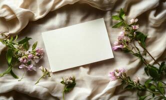 Blank note on a beige background with flowers photo