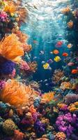 An underwater scene with colorful coral and fish photo