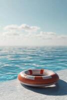 An orange life preserver sitting on the edge of a pool photo