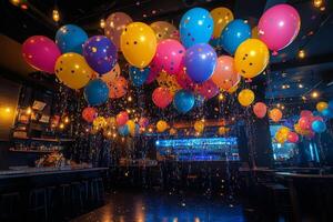 A bar with many colorful balloons and confetti photo