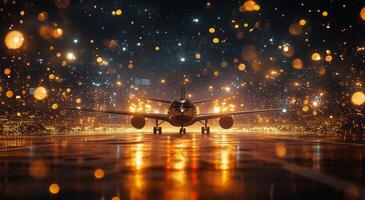 A plane is on the runway at night with lights photo