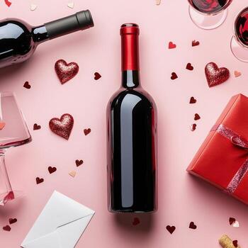 Valentine's day wine bottle and wine glasses on pink background with hearts and confetti photo