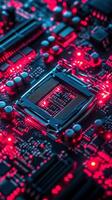 A close up of a computer motherboard with red lights photo