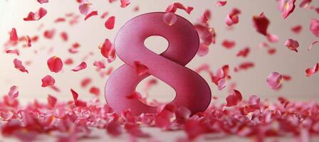 The number 8 is surrounded by pink petals photo