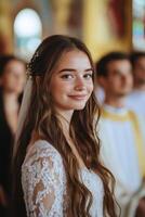 A bride smiles as she stands in front of her wedding party photo
