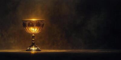 A golden goblet on a table in front of a dark background photo