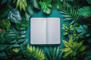 Open notebook surrounded by green leaves and plants photo