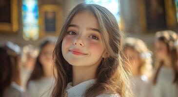 A young girl is smiling in front of a group of people photo