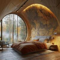 A bedroom with a large bed and a map on the wall photo
