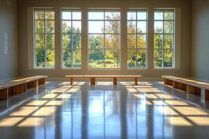 A large room with benches and windows photo