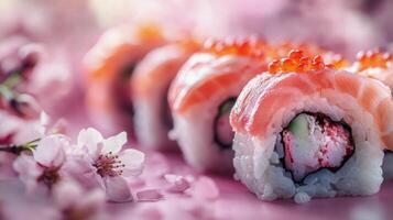 Sushi with cherry blossom on a pink background photo