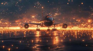 A large airplane is on the runway at night photo