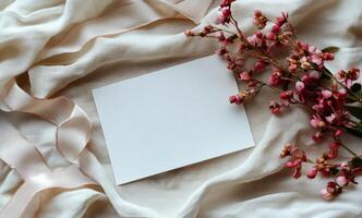 Blank card on a bed with pink flowers photo