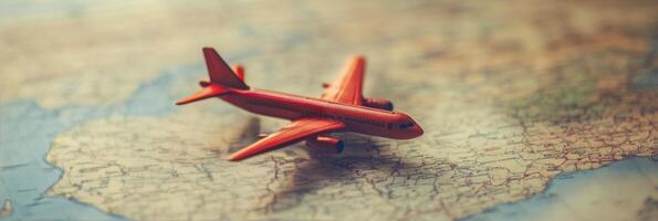 A red airplane is sitting on top of a map photo