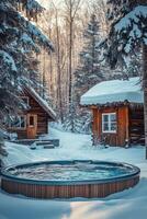 A hot tub in the snow next to a cabin photo