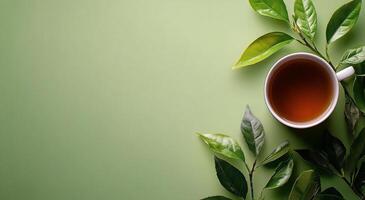 A cup of tea is surrounded by green leaves on a green background photo