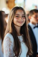 A young girl in a white dress smiling photo
