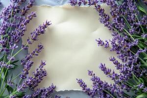 Lavender flowers and paper on a blue background photo