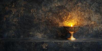 A golden goblet with a candle on top of it photo