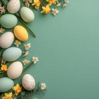 Easter eggs and daffodils on green background flat lay photo