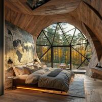 A bedroom with a large bed and a map on the wall photo