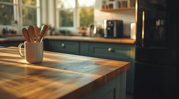 A coffee mug and wooden utensils on a kitchen counter photo