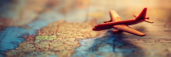 A toy airplane is sitting on top of a map photo