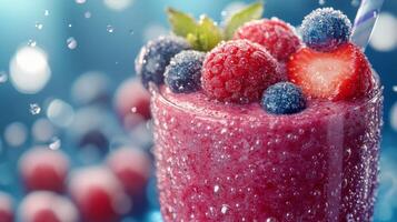 A smoothie with berries and berries on a blue background photo