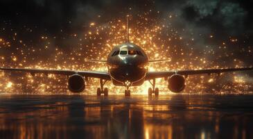 A large airplane is sitting on the runway at night photo