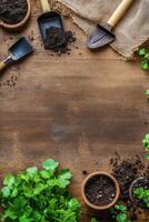 Gardening tools and herbs on wooden background photo