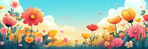 A colorful field of flowers with butterflies flying in the sky photo