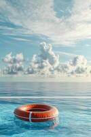 An orange life preserver floating in the middle of a pool photo