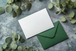 Green envelope and blank card on concrete background photo